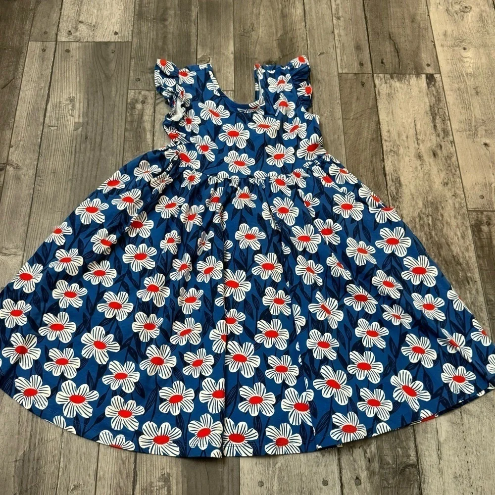 Hanna Anderson Navy Floral Dress 140 10 Flutter Cap Sleeve Pockets Cotton Knit